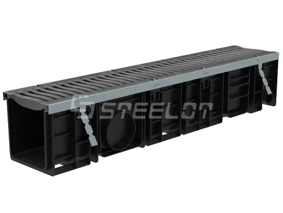 Лоток SteeProPlast DN150 H194 в сборе с усиливающей насадкой и решеткой чугунной, кл. Е600